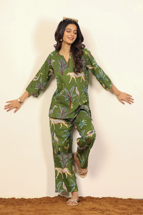 Green and Multicolor Tropical Summer Print Print Two Piece Sets Kurta Style V-Neck Top and Straight Pant 100% Cotton Co-ord Set