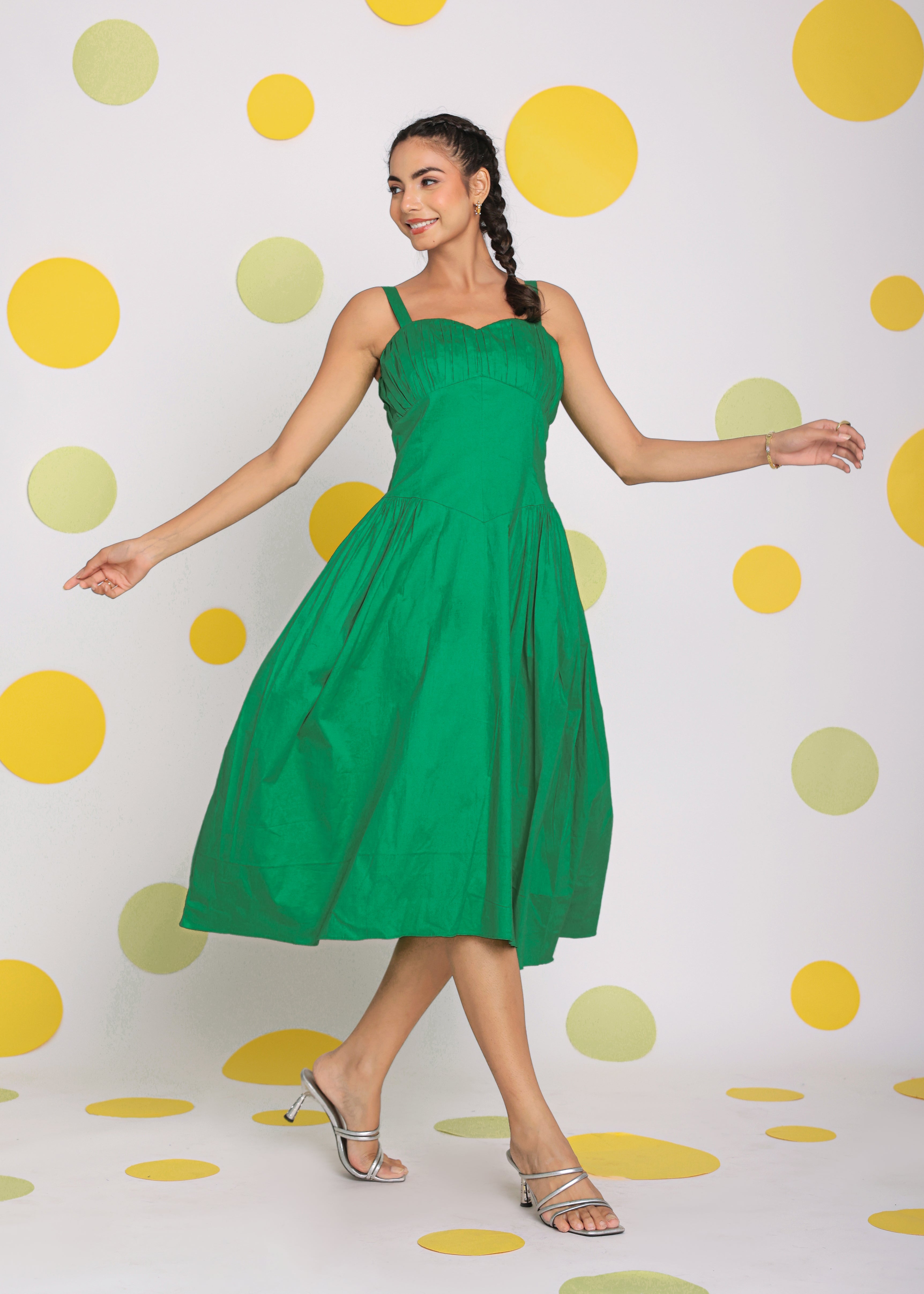 Green Corset Fitted Summer Cotton Lycra Midi Dress - Kaoribyshreya