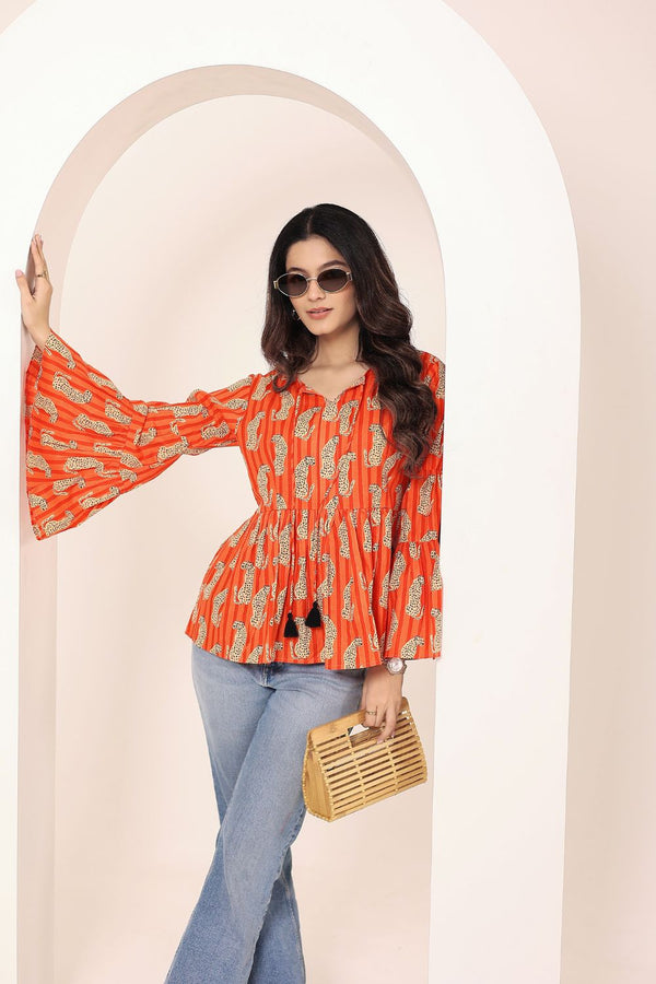 Orange Animal Print Bell Sleeve Peplum Cotton Top