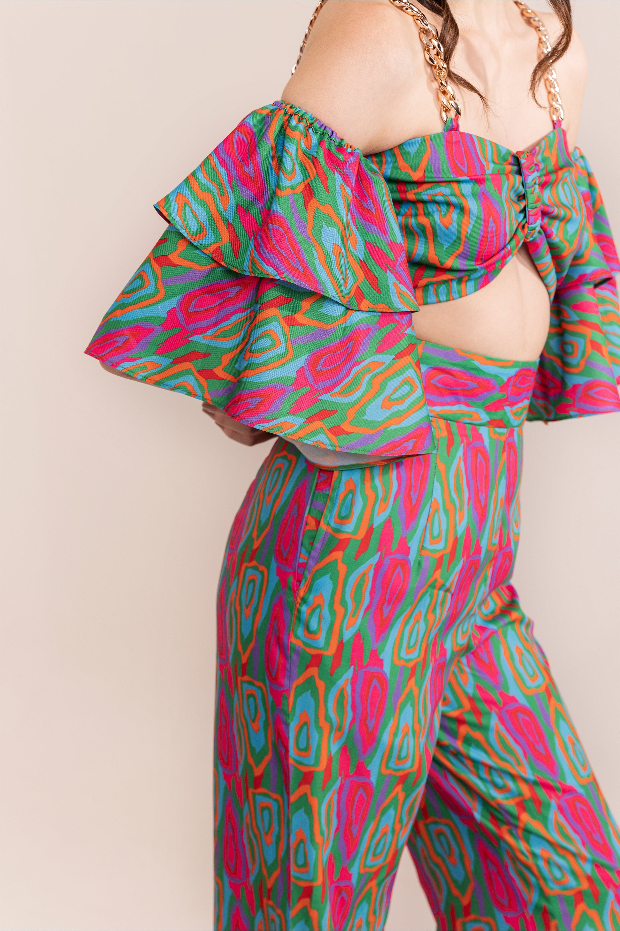 Multi Swirl Off Shoulder Top With High-Waisted Trouser