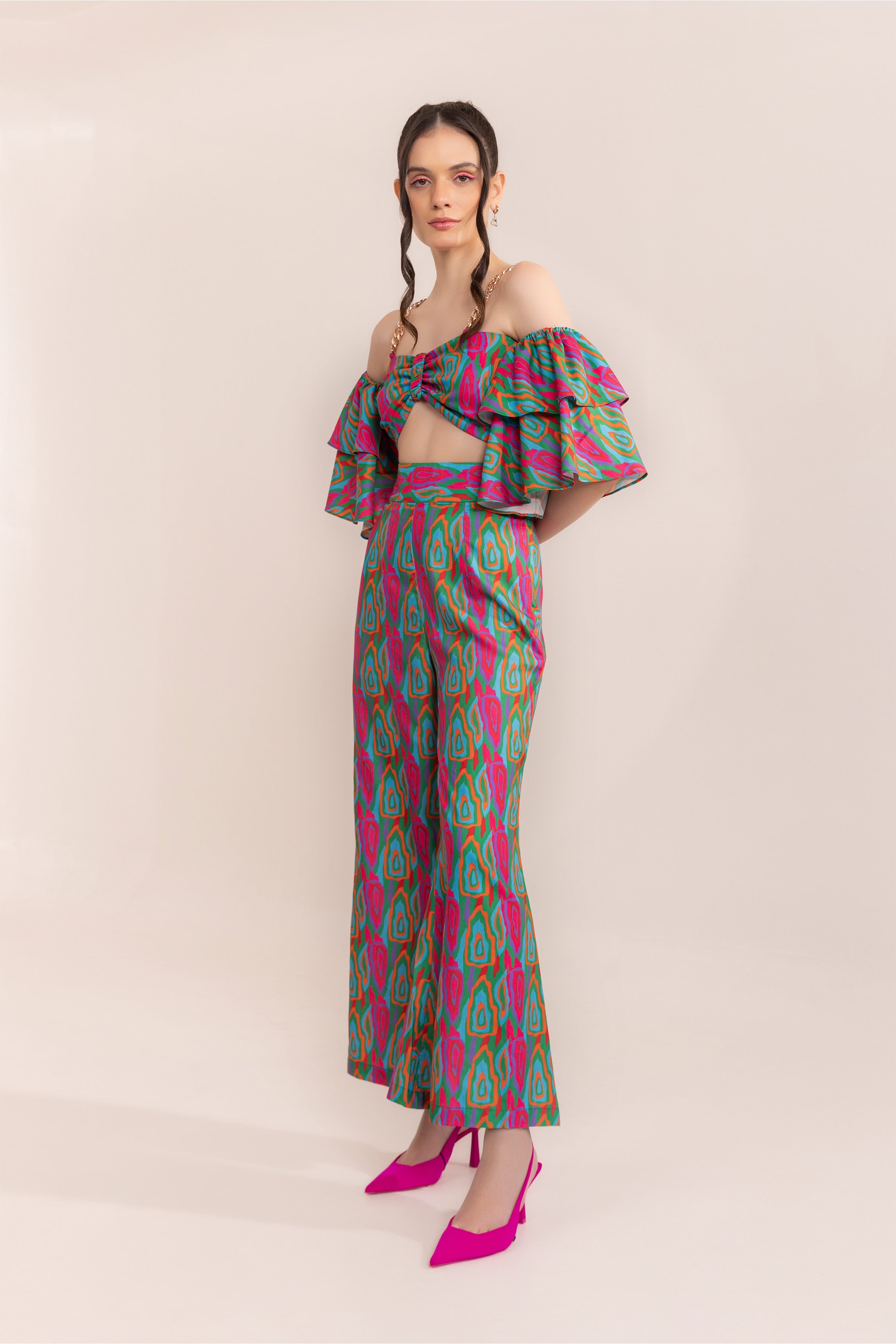 Multi Swirl Off Shoulder Top With High-Waisted Trouser