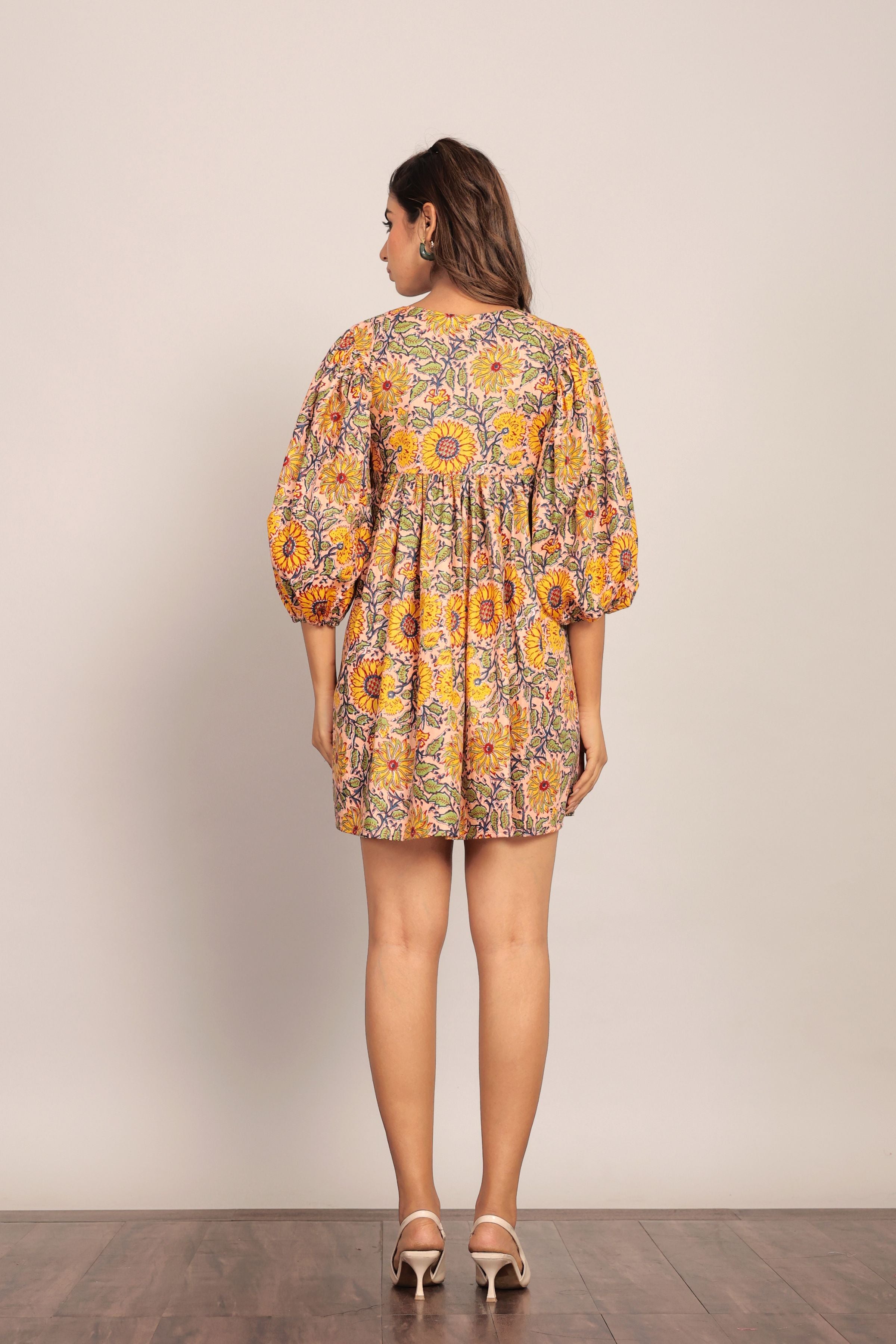 Sunflower Printed Yellow and Multicolor Relaxed Skater Short Dress - Kaoribyshreya