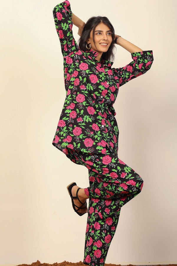 Black and Multi Floral Print Two Piece Set Oversized Long Shirts and Wide Legs Pant 100% Cotton Co-ord Set