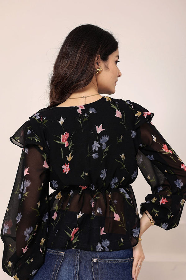Black Floral Chiffon Full-Sleeve Peplum Top