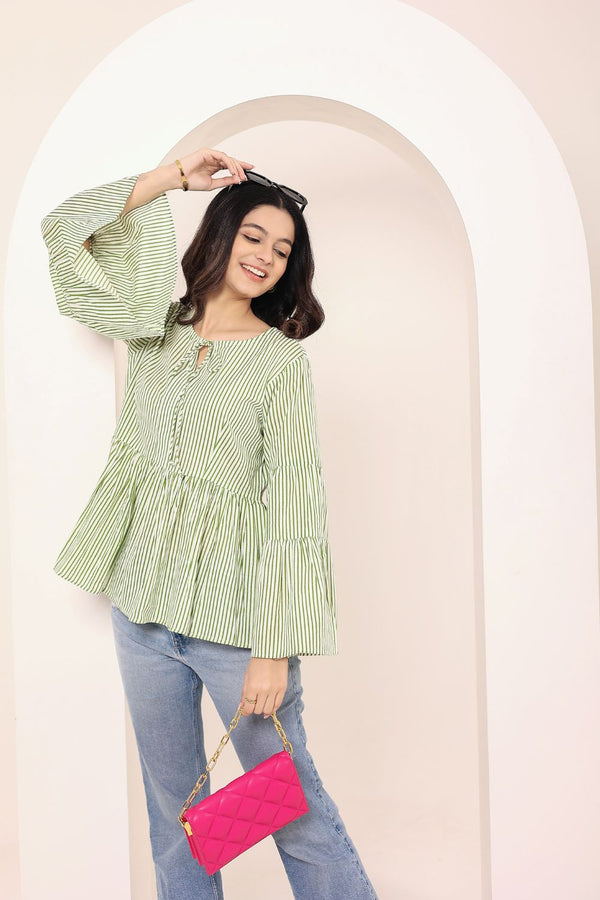 Green & Off-White Striped Bell Sleeve Peplum Cotton Top