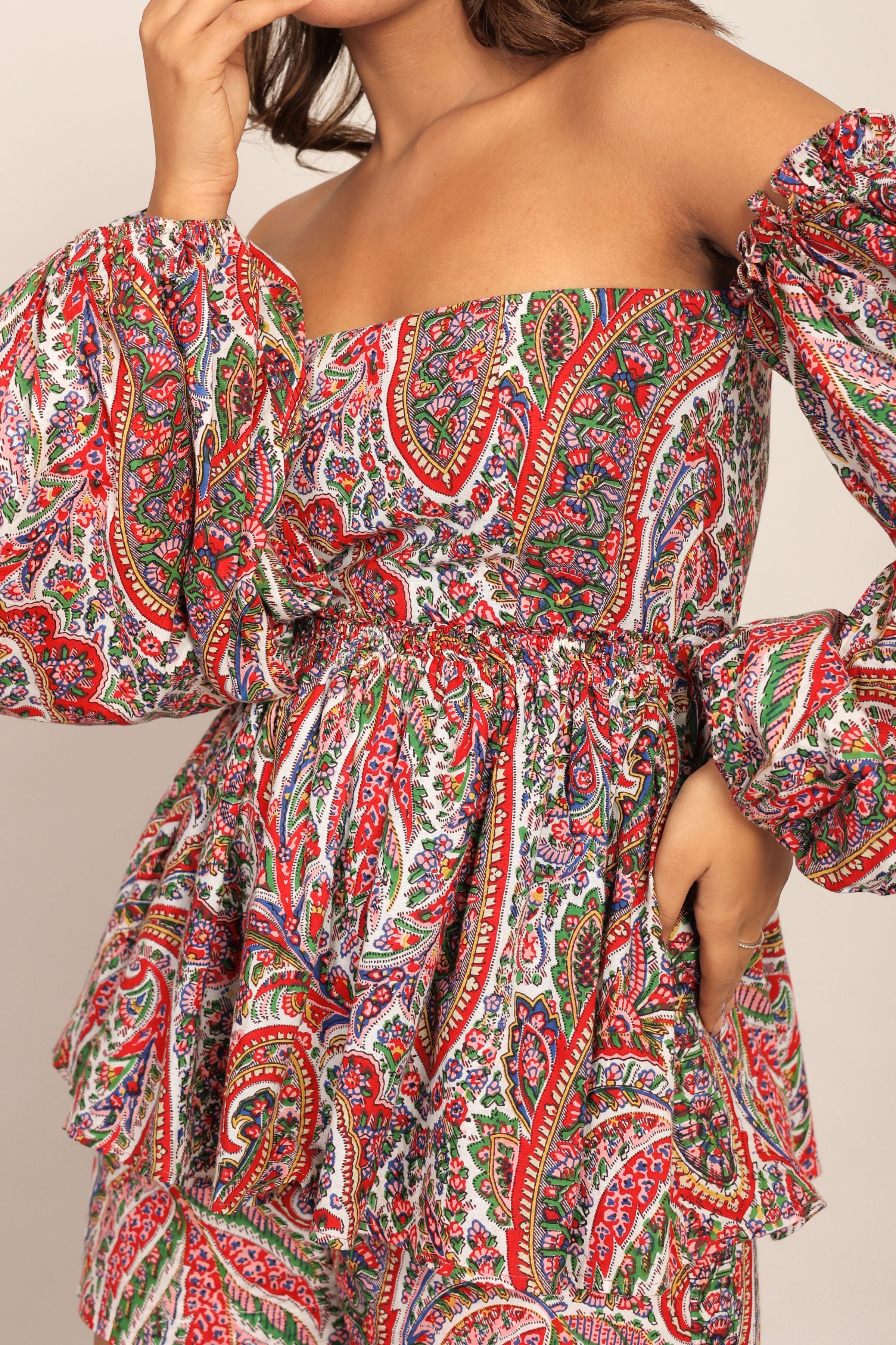 Multicolor Western Off Shoulder  Peplum Top - Kaoribyshreya