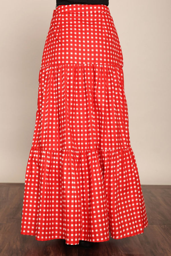 Gingham Red Western Cotton Relaxed Long Skirt