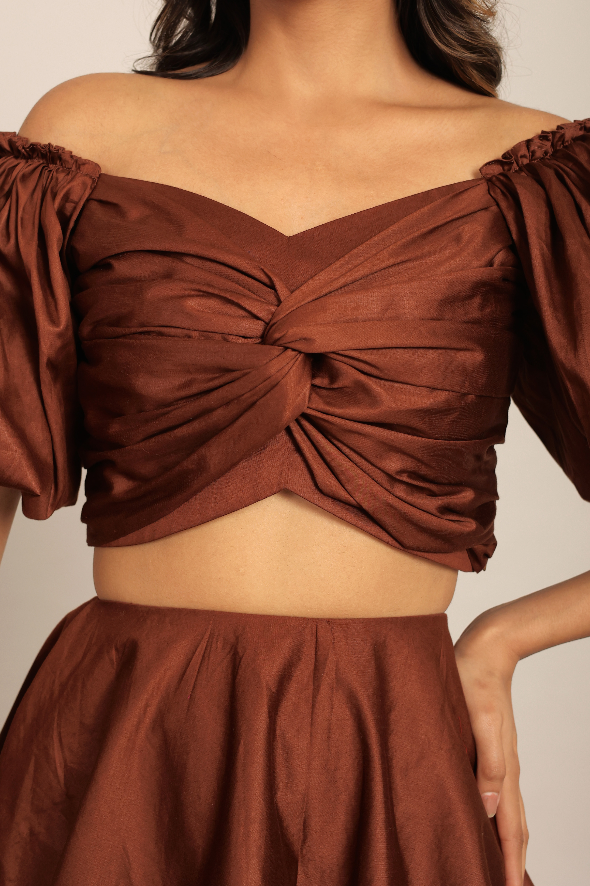 Coffee Brown Solid Western Cord-Set - Bust Fitted Top and Relaxed Skirt - Kaoribyshreya
