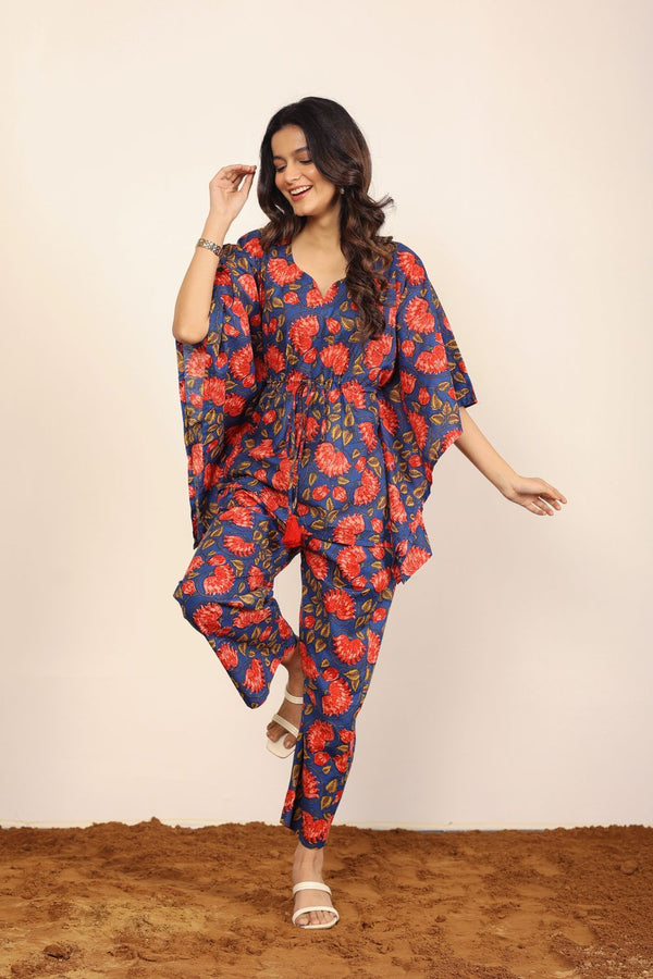 Blue and Red Floral Two Piece Set Kaftan Style Front Tie Top and Straight Pant 100% Cotton Indo Western Co-ord Set