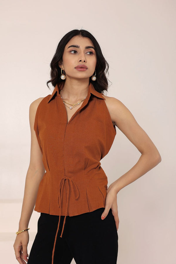 Brown Linen Blend Sleeveless Collared Shirt with Front Tie