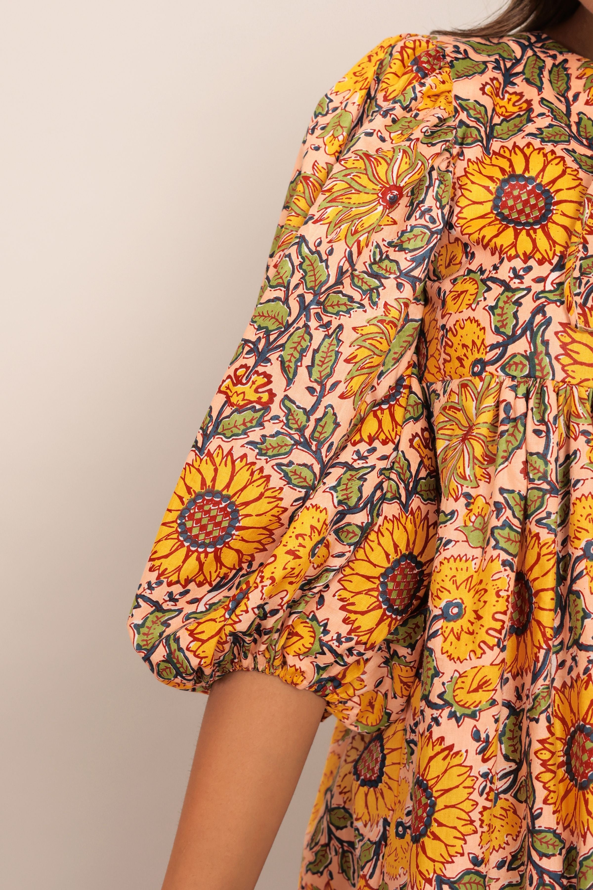 Sunflower Printed Yellow and Multicolor Relaxed Skater Short Dress - Kaoribyshreya