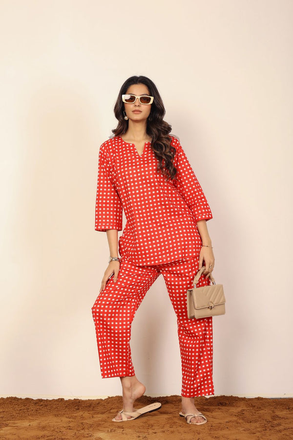 Red and White Gingham Checks Print Two Piece Set Kurta Style V-Neck Top and Straight Pant 100% Cotton Indo Western Co-ord Set