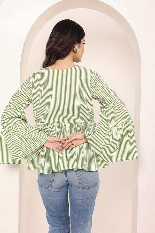 Green & Off-White Striped Bell Sleeve Peplum Cotton Top