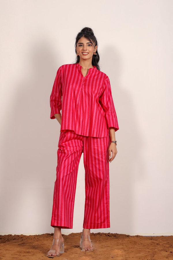 Pink and Red Textile Print Two Piece Set Smart New Age Stripes Work Wear Kurta Style Top and Straight Pants Cotton Co-ord Set
