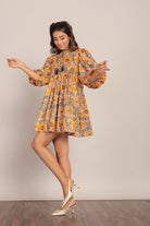 Sunflower Printed Yellow and Multicolor Relaxed Skater Short Dress - Kaoribyshreya