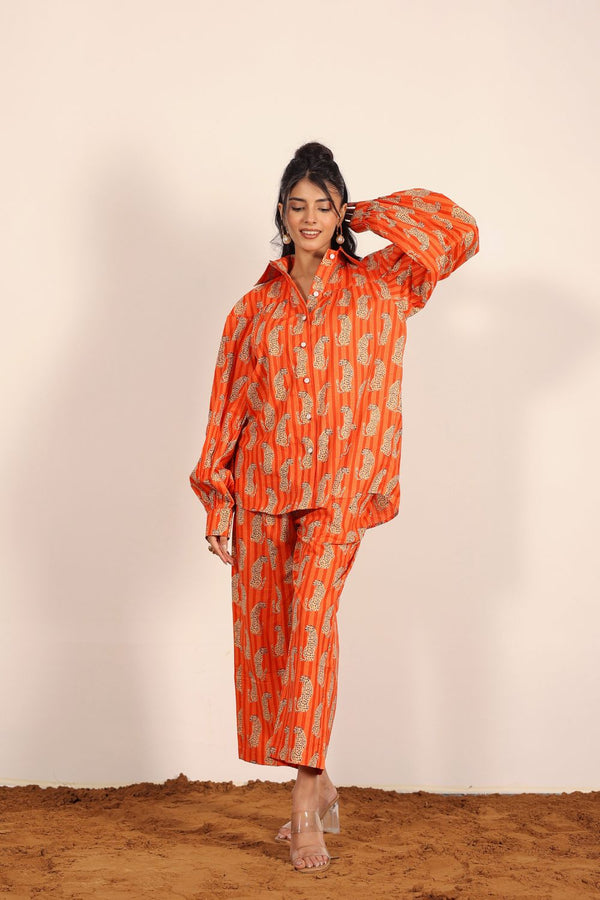 Orange and Multi Tropical Summer Print Oversized Long Shirts and Wide Legs Pant 100% Cotton Indo Western Co-ord Set