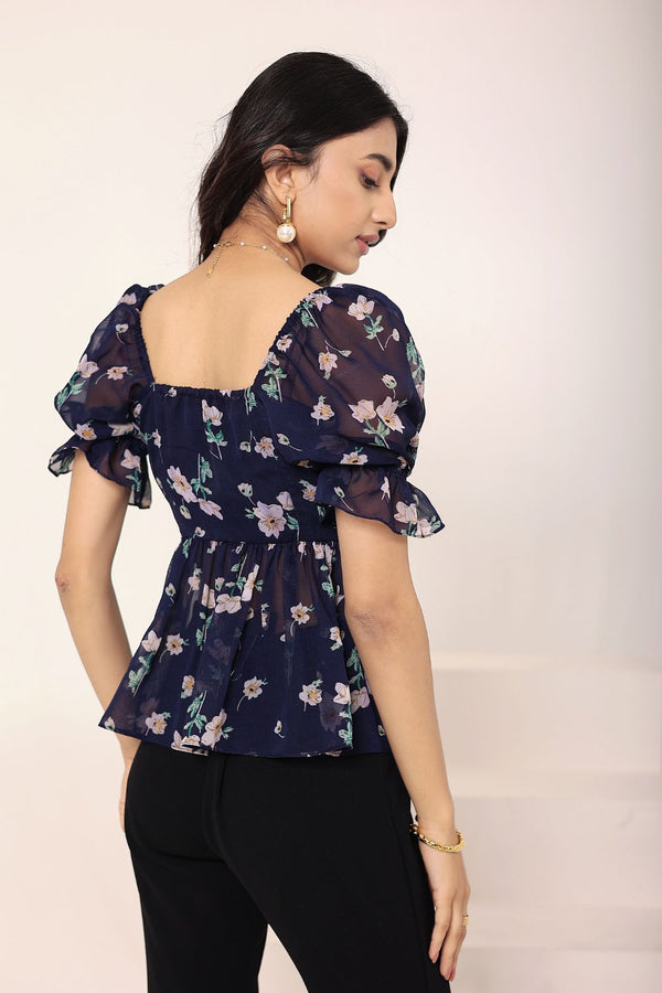 Dark Blue Floral Print Puff Sleeve Flared Top