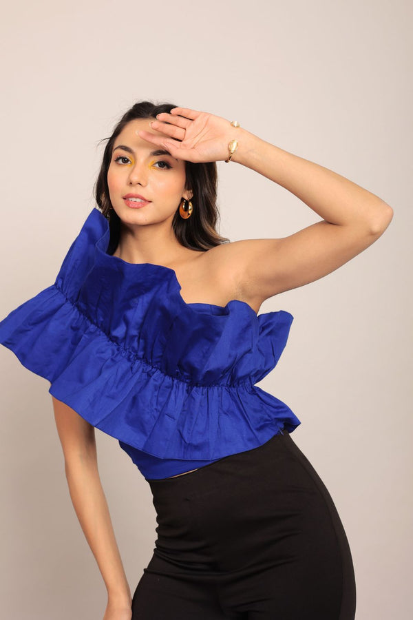 Blue Solid Ruffled One Sholder Top