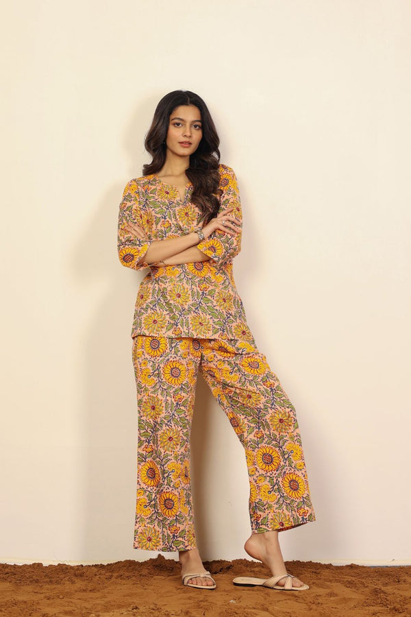 Yellow and Multicolor Floral Print Two Piece Sets Short Kurta Style V-Neck Top and Wide Pant 100% Cotton Co-ord Set