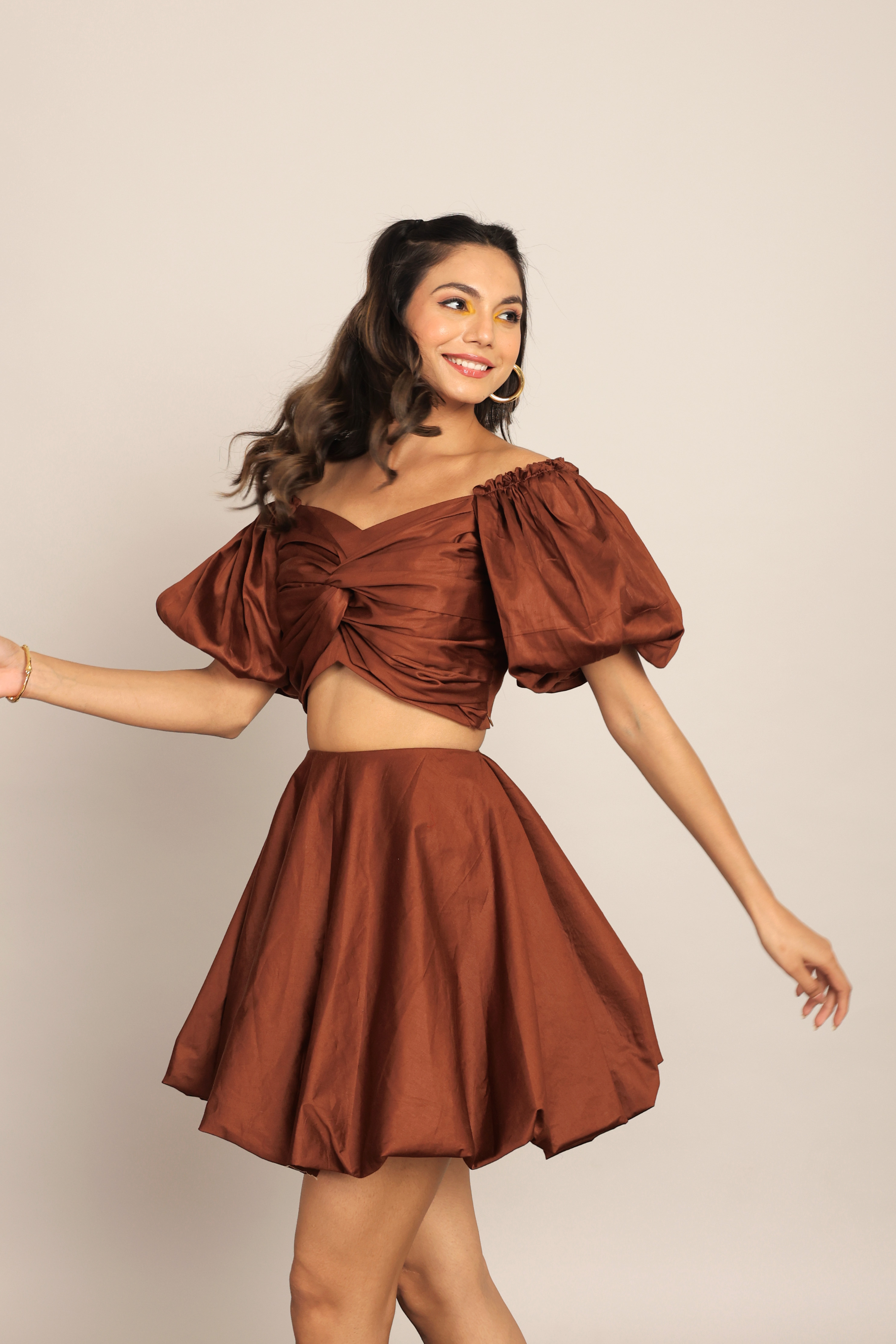 Coffee Brown Solid Western Cord-Set - Bust Fitted Top and Relaxed Skirt - Kaoribyshreya