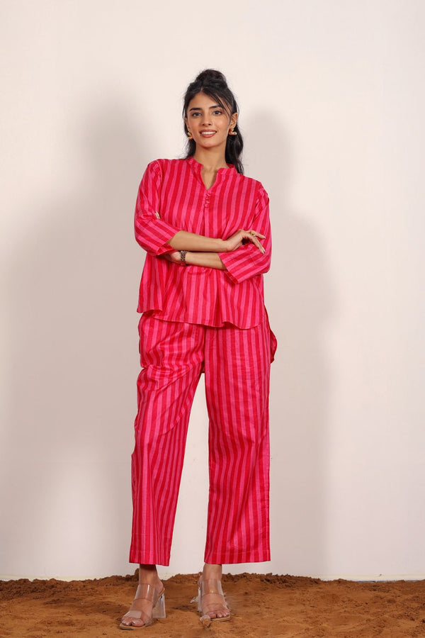 Pink and Red Textile Print Two Piece Set Smart New Age Stripes Work Wear Kurta Style Top and Straight Pants Cotton Co-ord Set