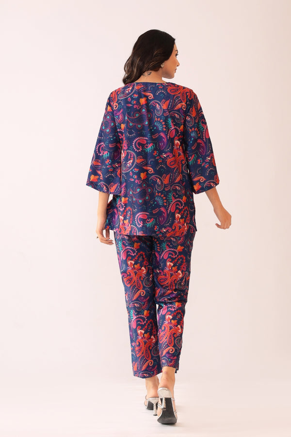 Blue and Pink  Printed Relaxed Cord-Set Top and Pant with 2 Pant Pockets