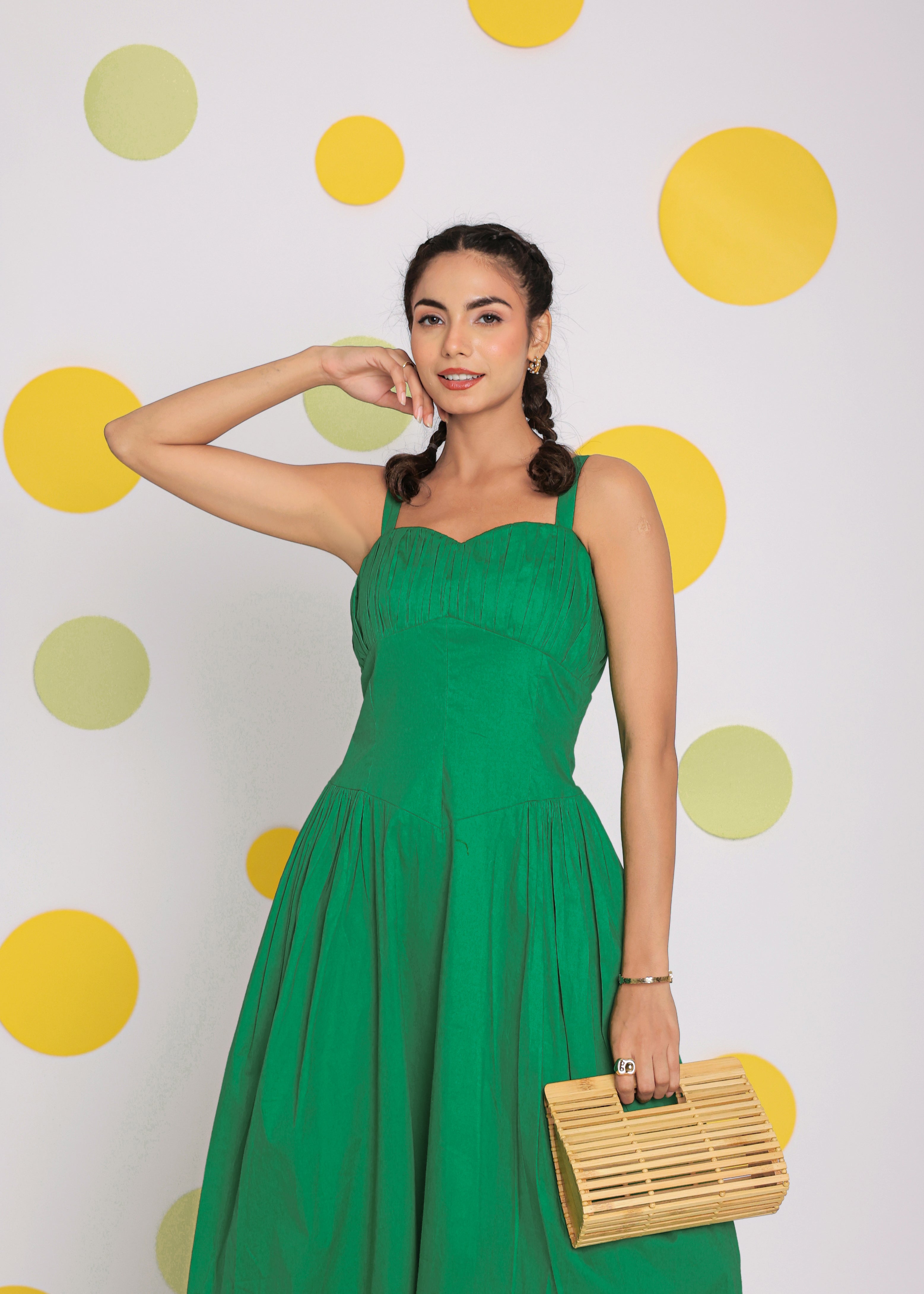 Green Corset Fitted Summer Cotton Lycra Midi Dress - Kaoribyshreya