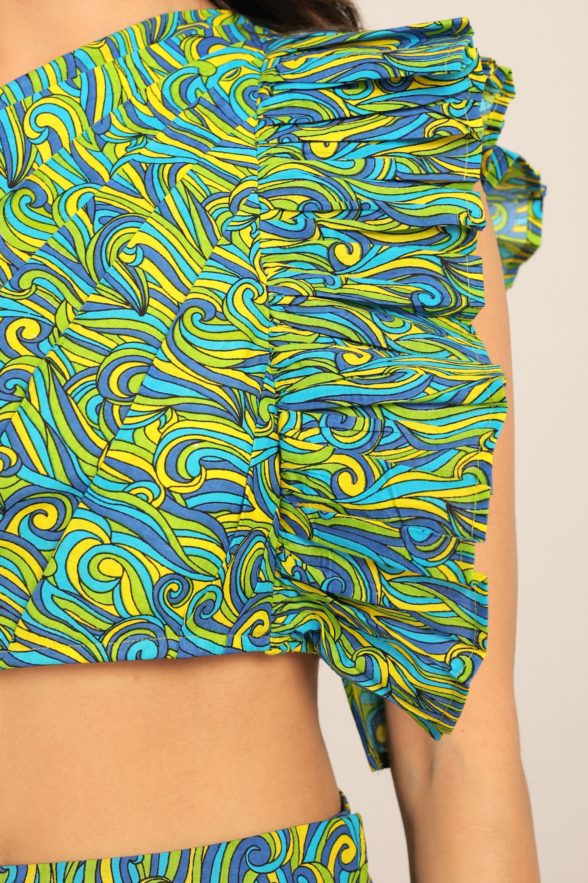 Green Western Cord-Set - Bust Fitted Top and Fitted Skirt - Kaoribyshreya