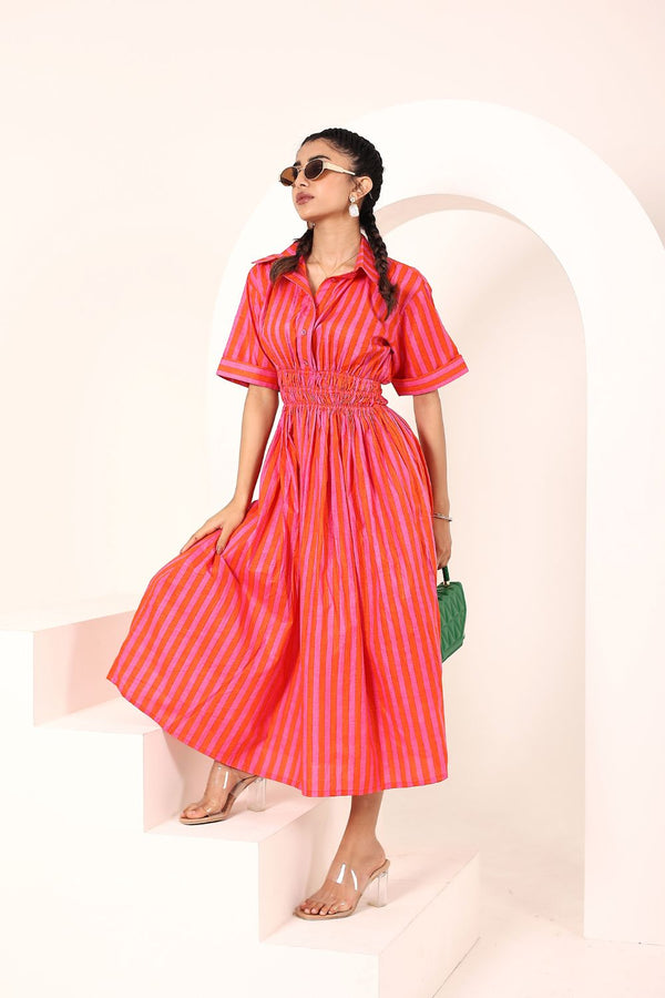 Orange and Pink Striped Shirt Dress with Smocked Waist