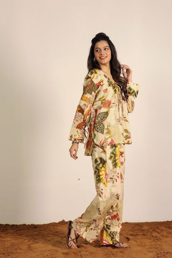 Beige and Multi Floral Oversized Long Top and Wide Legs Pant 100% Cotton Indo Western Co-ord Set