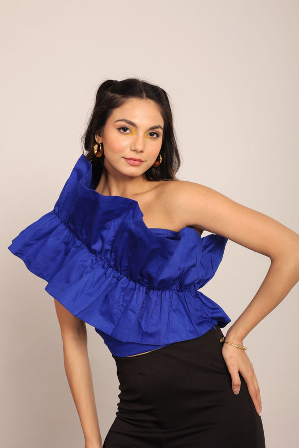 Blue Solid Ruffled One Sholder Top