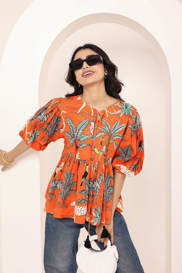 Orange Tropical Print Balloon Sleeve Peplum Cotton Top