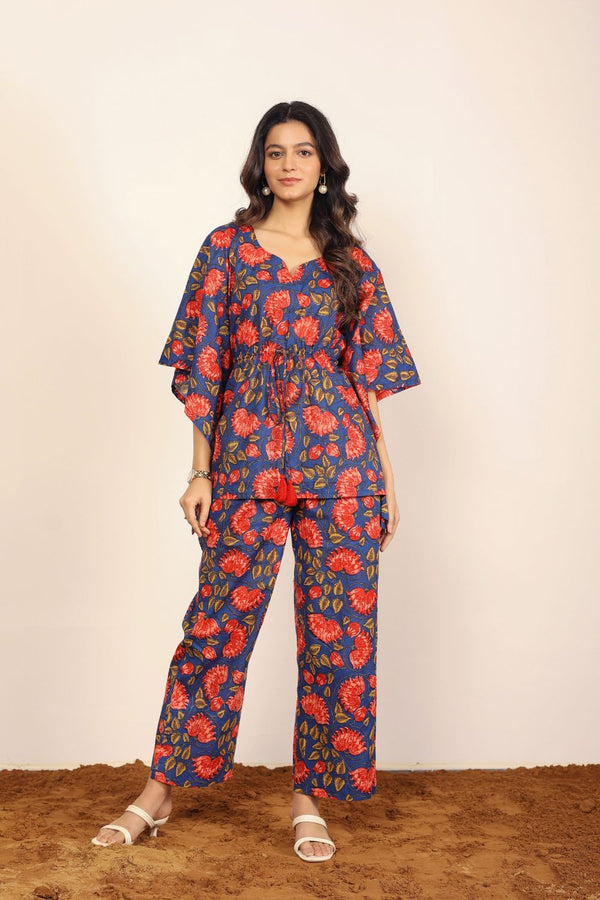 Blue and Red Floral Two Piece Set Kaftan Style Front Tie Top and Straight Pant 100% Cotton Indo Western Co-ord Set