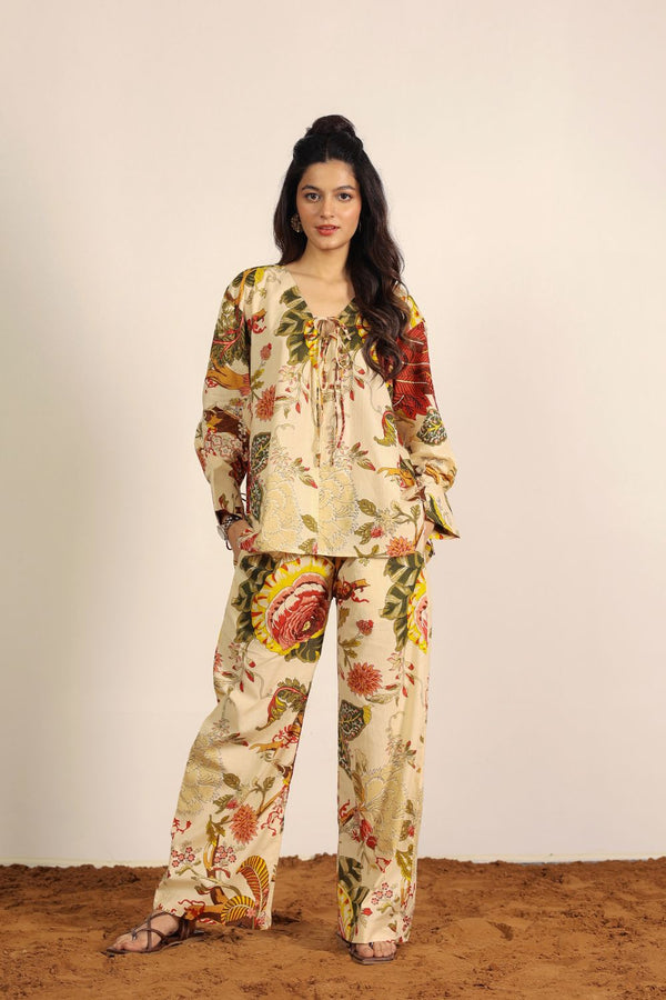 Beige and Multi Floral Oversized Long Top and Wide Legs Pant 100% Cotton Indo Western Co-ord Set