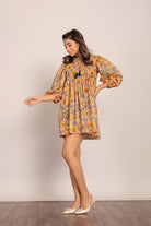 Sunflower Printed Yellow and Multicolor Relaxed Skater Short Dress - Kaoribyshreya