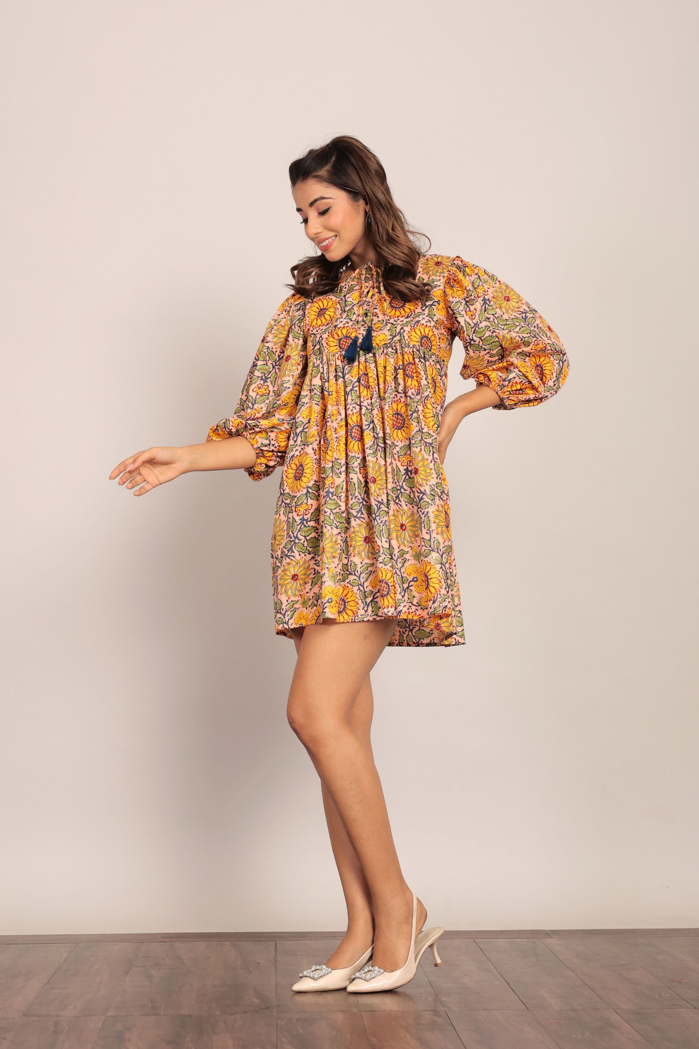 Sunflower Printed Yellow and Multicolor Relaxed Skater Short Dress - Kaoribyshreya