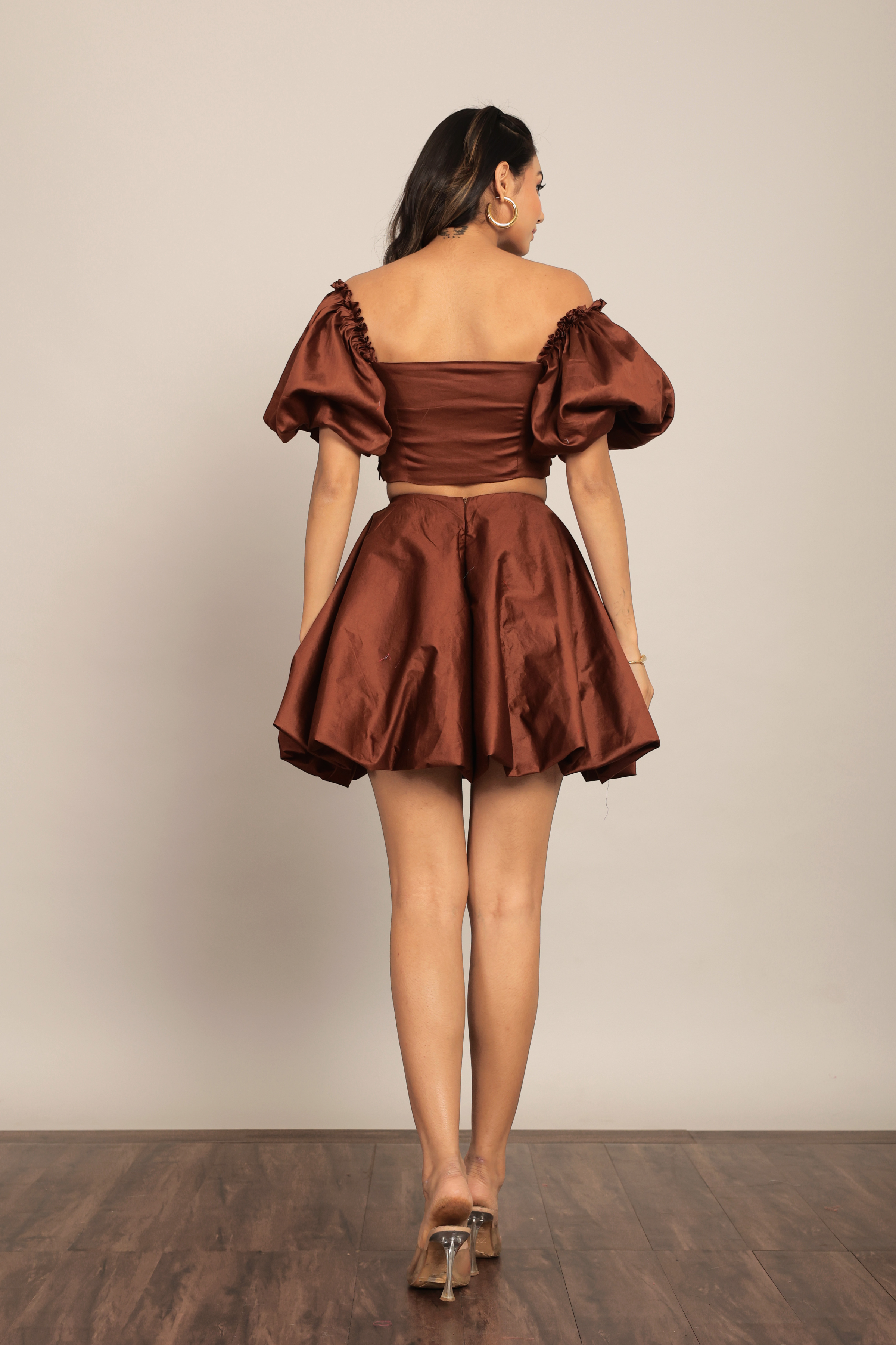 Coffee Brown Solid Western Cord-Set - Bust Fitted Top and Relaxed Skirt - Kaoribyshreya