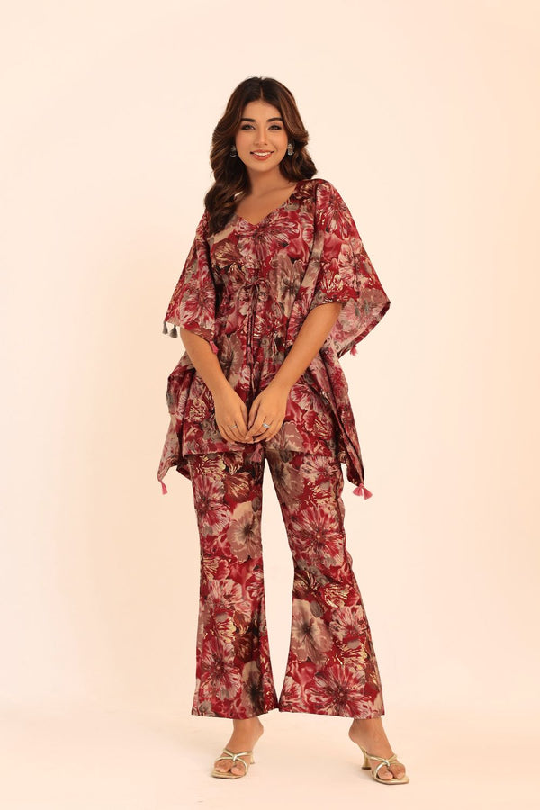 Multicolor Floral Printed Western Style Cord-Set Kaftan Top and Pant