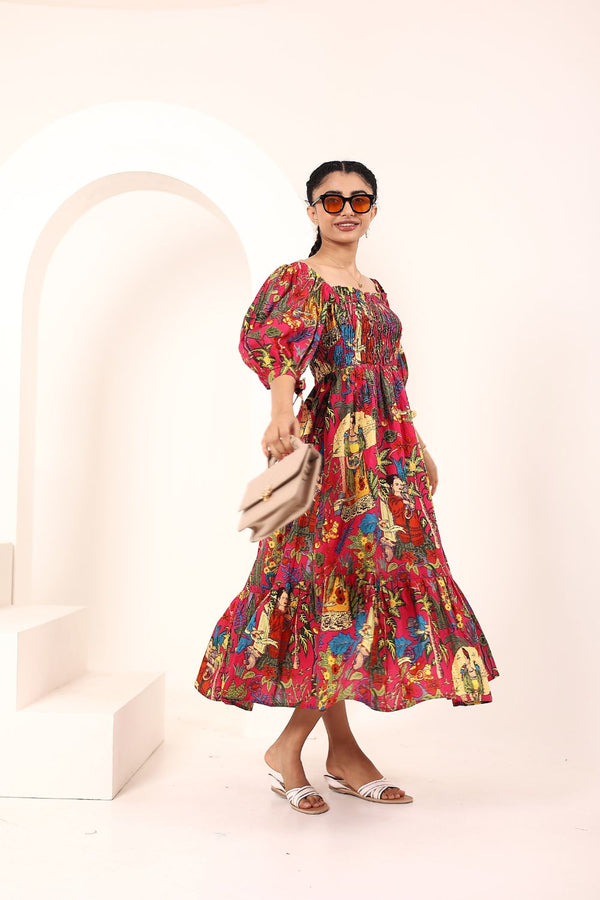 Pink Tropical Printed Off-Shoulder Smocked Midi Dress with Pockets