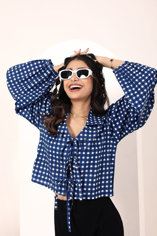 Blue & White Gingham Front Tie-Up Cotton Top