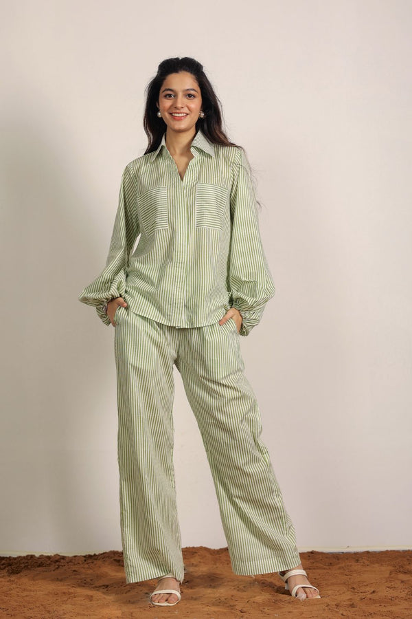 Green and White Textile Print Two Piece Cord Set Smart Stripes Work Wear Shirts Boho Tops and Wide Legs Pant Cotton Co-ord Set