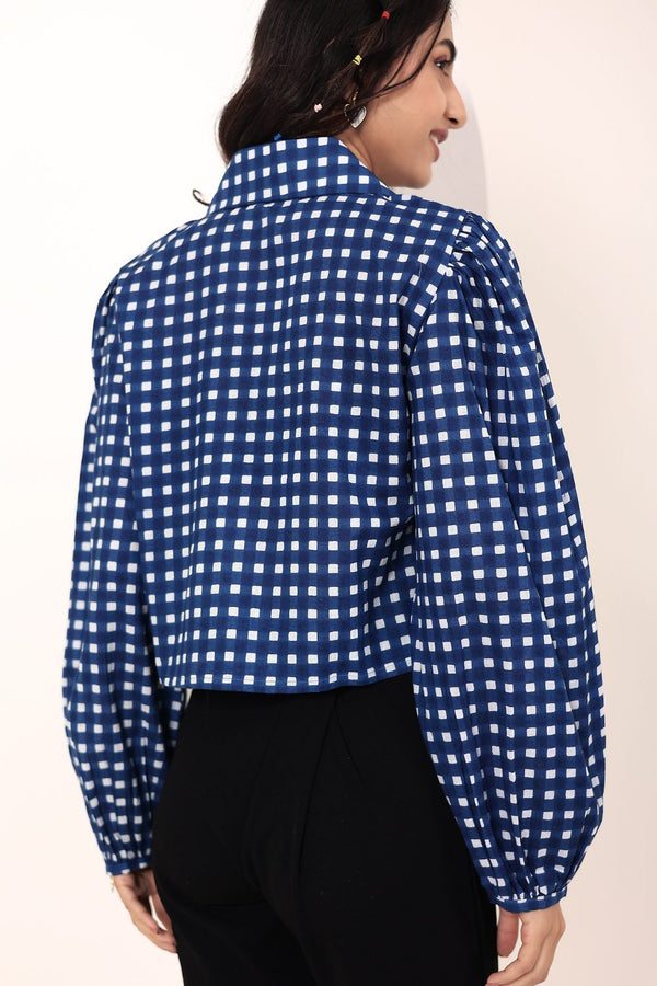 Blue & White Gingham Front Tie-Up Cotton Top