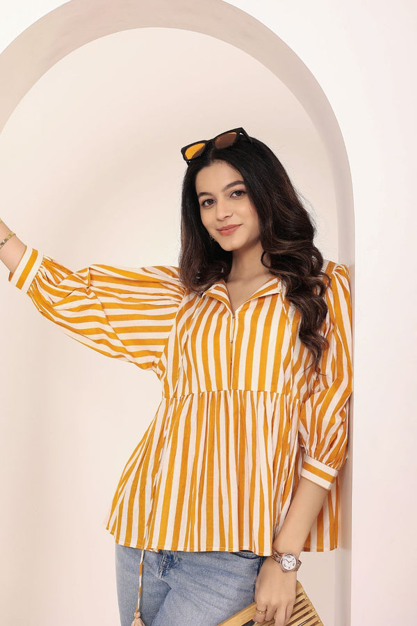 Yellow and White Striped Balloon Sleeve Peplum Cotton Top