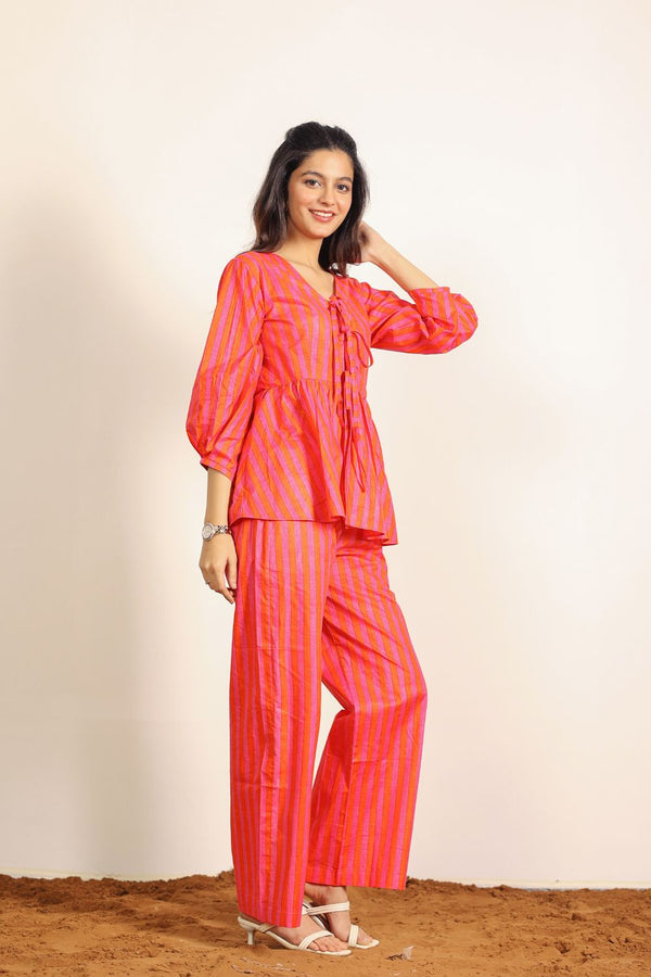 Orange and Pink Smart Stripes Textile Print Resort/ Work Wear Tunic Shirts and Wide Legs Cotton Co-ord Sets