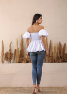 White 3 Way Styling Bust Fitted Top with Detachable Short Balloon Sleeves - Kaoribyshreya