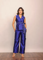 Blue Solid Relaxed Top with Waist Tie Up Belt and 2 Pockets - Kaoribyshreya