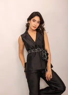 Black Solid Western Co-Ord Set Top and Pant With Waist Tie Up Belt - Kaoribyshreya