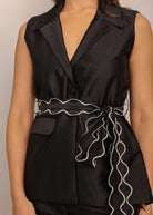 Black Solid Western Co-Ord Set Top and Pant With Waist Tie Up Belt - Kaoribyshreya