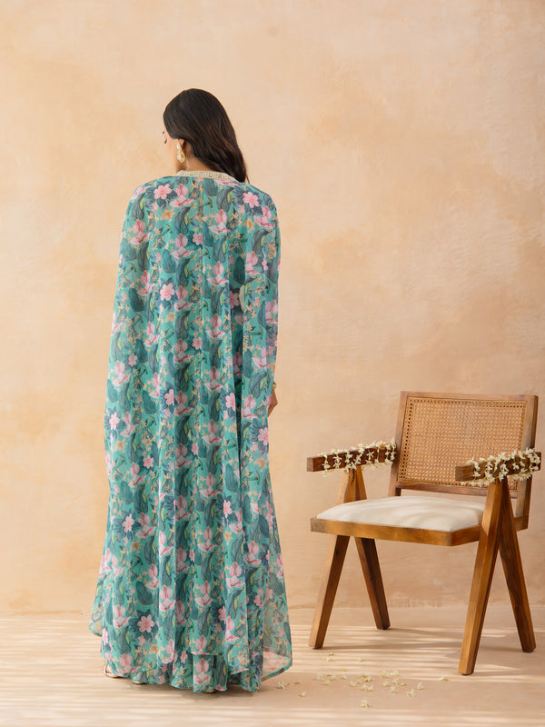 ZIYA-Floral Aqua Green Embellished Cape Sharara Set