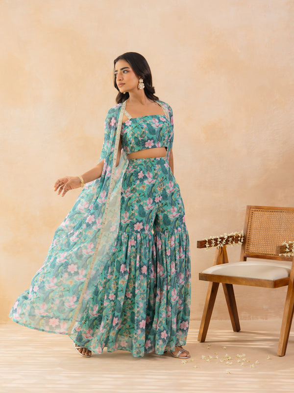 ZIYA-Floral Aqua Green Embellished Cape Sharara Set